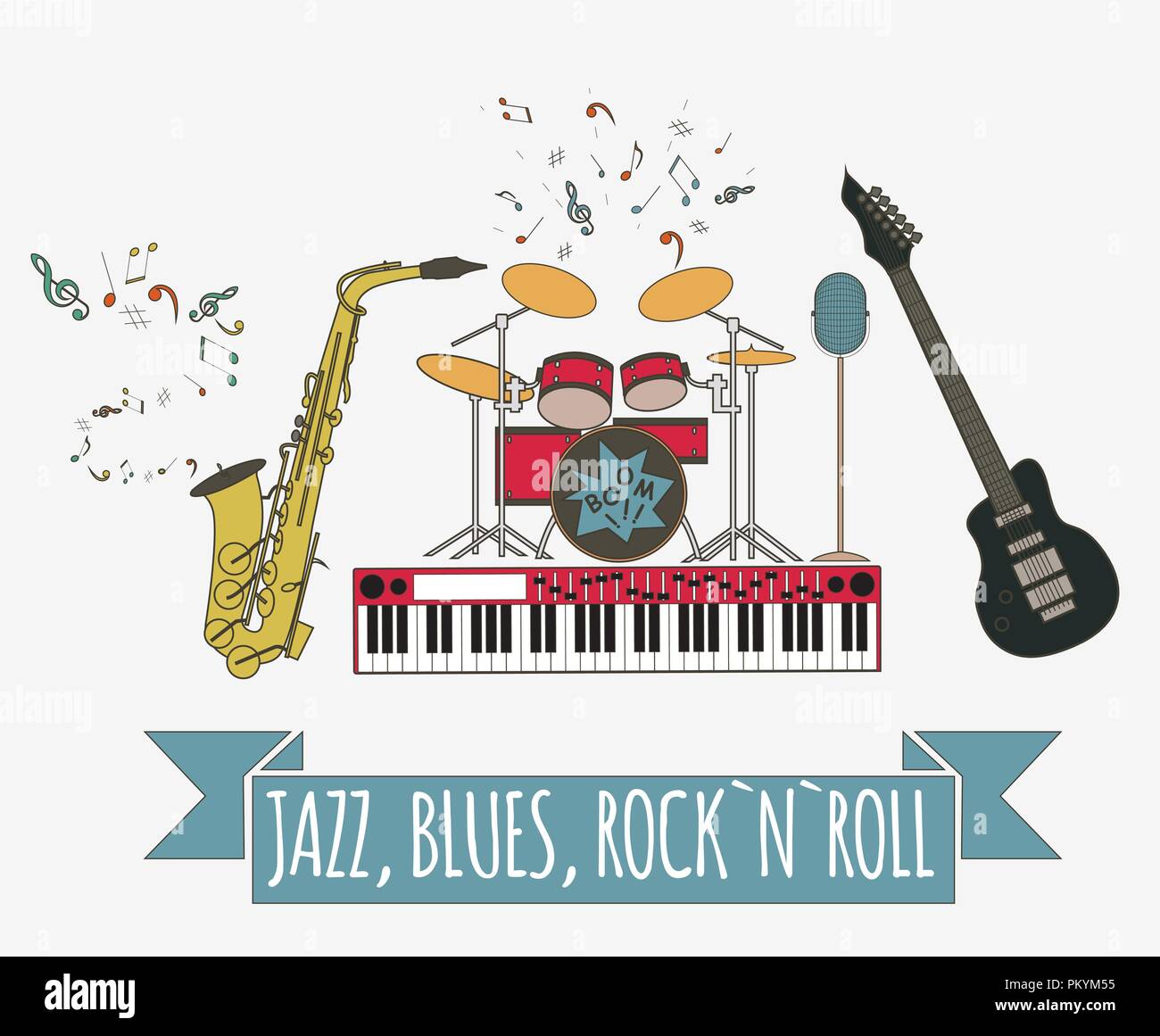Musical instruments graphic template.Jazz, blues, rock`n`roll band